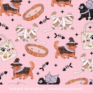 Halloween Kitty Seamless Pattern, Cat halloween Seamless pattern, Digital Download, Repeat Pattern