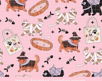 Halloween Kitty Seamless Pattern, Cat halloween Seamless pattern, Digital Download, Repeat Pattern