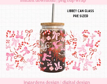 Pink Christmas Bow Cup Wrap PNG, Christmas Holiday Cup Wrap, 16oz 20oz Glass Can Wrap, cup wrap PNG, Glass Cup, Libby glass can wrap