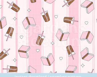 Coffee Books Seamless Pattern, Pink Grid Repeat Design (Digital Download)