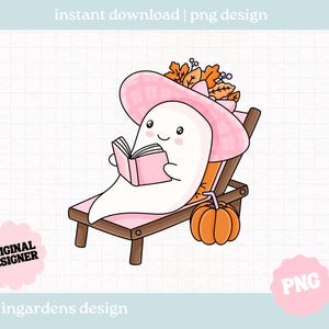 May include: A cartoon ghost wearing a pink hat and reading a pink book while relaxing on a wooden beach chair. An orange pumpkin sits nearby. The image includes the text "instant download | png design" and "ingardens design".