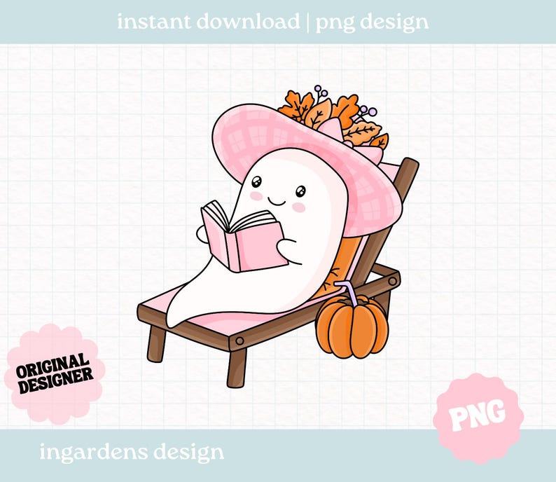 May include: A cartoon ghost wearing a pink hat and reading a pink book while relaxing on a wooden beach chair. An orange pumpkin sits nearby. The image includes the text "instant download | png design" and "ingardens design".