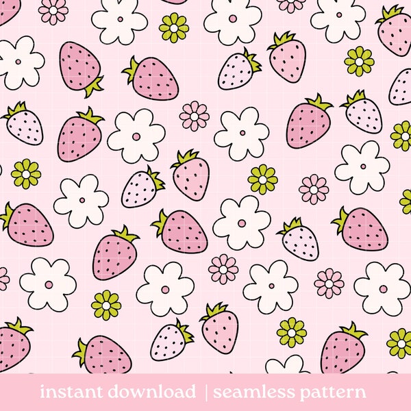 Strawberry Flower Pattern, Spring Summer Seamless pattern, Picnic pattern, Flower seamless pattern, Digital Download, Repeat Pattern