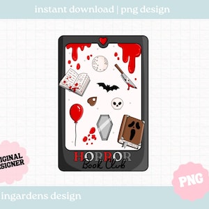 May include: A digital design with a black border, featuring horror-themed illustrations. Includes a bloody open book, a bat, a skull, a coffin, a knife, a red balloon, and a brown book with a face. Text reads "HORROR Book Club".