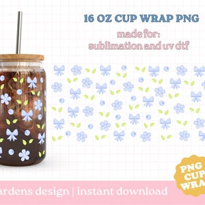 Blueberry Daisy Cup Wrap PNG, 16oz Glass Can Wrap, Blueberry Bow Coffee Cup Wrap Digital Download, Glass Cup, Libby glass can wrap