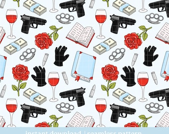 Peut inclure: Motif répété avec des illustrations d'un pistolet, d'argent liquide, de vin rouge, d'une rose rouge, de gants noirs, de poings américains, de balles et d'un livre ouvert. Le texte "instant download | seamless pattern" est en bas.