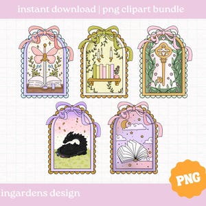 Puede incluir: Una colección de cinco etiquetas prediseñadas PNG digitales con temática de fantasía. Cada etiqueta presenta una ilustración única, que incluye una espada, una llave, un dragón, libros y velas, todo enmarcado con bordes y lazos decorativos.