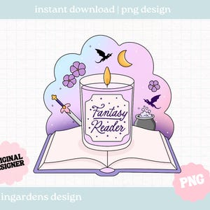 Puede incluir: Diseño digital con una vela con la etiqueta "Fantasy Reader" sobre un libro abierto. El diseño incluye una espada, flores, murciélagos, una luna creciente y un caldero, todo sobre un fondo pastel. Las palabras "instant download | png design" están en la parte superior.
