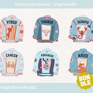 Sternzeichen Jeansjacke PNG Bundle, digitaler Download Design für T-Shirt, Aufkleber und mehr