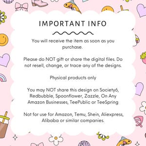 May include: A pink background with various cartoon illustrations, including a smiley face, hearts, and a drink. A white cloud-shaped text box contains the words "IMPORTANT INFO" and other text regarding the product.