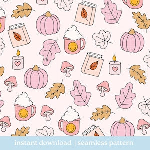 May include: A seamless pattern with autumn-themed illustrations. Pink pumpkins, mushrooms, and leaves are mixed with mugs of whipped cream, books, and candles. The colour scheme includes pink, yellow, brown, and white elements on a light pink background.