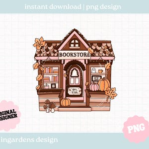 Könnte beinhalten: Digitale Illustration eines Buchladens in Braun- und Rosatönen. Die Fassade zeigt das Schild "BOOKSTORE", Kürbisse und Herbstblätter. Der Text "instant download | png design" ist ebenfalls enthalten.