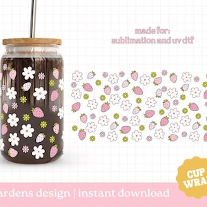 Strawberry Flower Cup Wrap, 16oz Glass Can Wrap, Spring PNG, Glass Cup, Libby glass can wrap