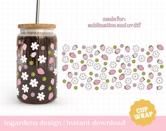 Strawberry Flower Cup Wrap, 16oz Glass Can Wrap, Spring PNG, Glass Cup, Libby glass can wrap