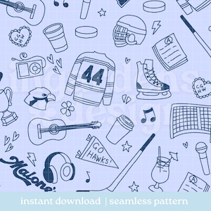 May include: A seamless pattern with a light blue grid background featuring hand-drawn illustrations of sports equipment, musical instruments, and other objects. Includes a hockey jersey with the number 44, a hockey stick, and the text "Go Hawks!"