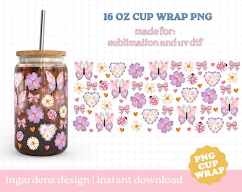 Butterfly Floral Cup Wrap PNG, 16oz Glass Can Wrap, Spring Summer Coffee Cup Wrap Digital Download, Glass Cup, Libby glass can wrap