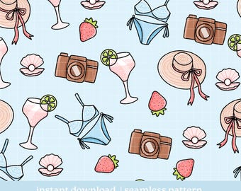 Soft Girl Summer PNG Pattern, Summer Seamless Pattern, Seamless pattern, Digital Download, Repeat Pattern