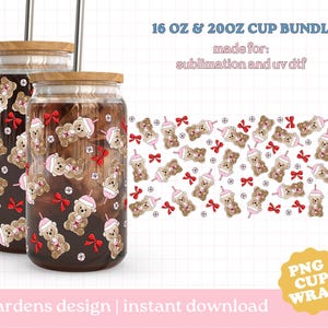 May include: Two glass tumblers with wooden lids, decorated with a repeating pattern of teddy bears wearing pink hats and holding drinks, along with red bows. The text "16 OZ & 20OZ CUP BUNDLE" is at the top. The image also includes the text "PNG CUP WRAP".