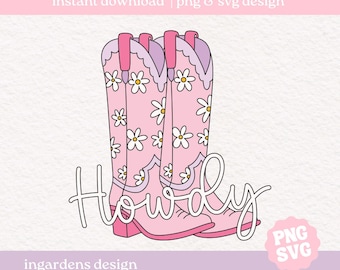 Howdy PNG SVG, cowgirl boots design for t-shirt, stickers and more