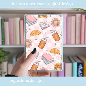 May include: A clear phone case featuring a repeating pattern of books, croissants, coffee cups, and iced drinks on a pink and white checkered background. The text "instant download | digital design" is at the top.