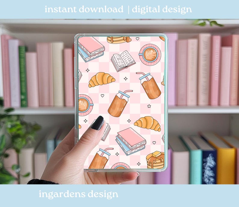May include: A clear phone case featuring a repeating pattern of books, croissants, coffee cups, and iced drinks on a pink and white checkered background. The text "instant download | digital design" is at the top.