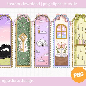 Puede incluir: Colección de cinco diseños de marcapáginas caprichosos. Cada marcapáginas presenta una ilustración única, que incluye un dragón, una llave, un libro abierto, una ventana y velas. Los marcapáginas tienen un borde festoneado, lazos y el texto "instant download | png clipart bundle".