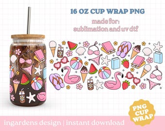 Summer Vibes Cup Wrap PNG, Libby Cup Wrap Design 16oz Glass Can Wrap, Digital Download