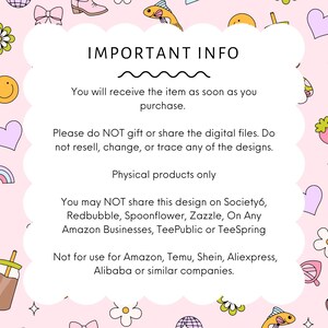 May include: A pink background with various cartoon illustrations, including a smiley face, hearts, and a drink. A white cloud-shaped text box contains the words "IMPORTANT INFO" and other text regarding the product.