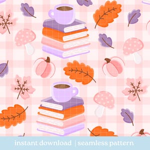 Bookish Fall Seamless Pattern, fall autumn pink Seamless pattern, Digital Download, Repeat Pattern