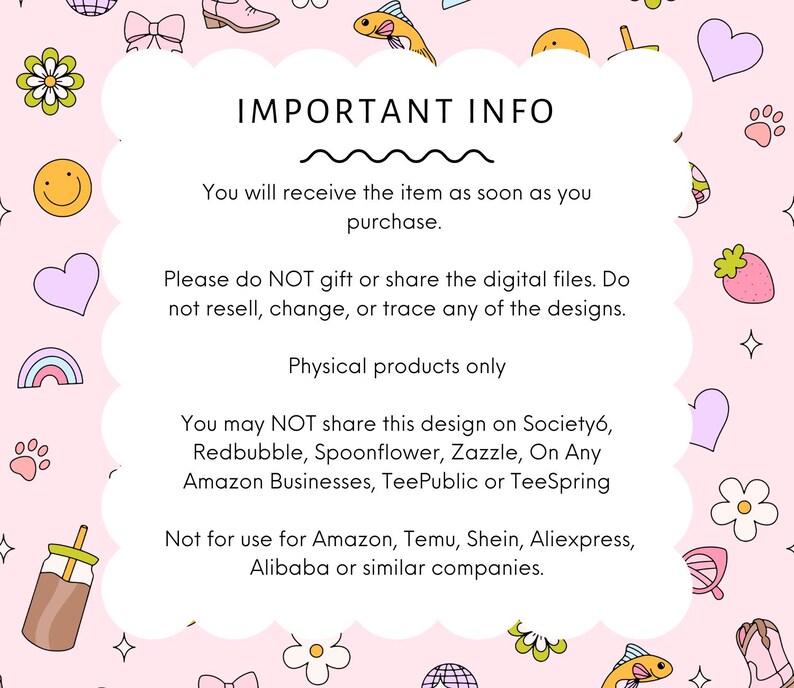 K&ouml;nnte beinhalten: Ein rosa Hintergrund mit verschiedenen Cartoon-Illustrationen, darunter ein Smiley, Herzen und ein Getr&auml;nk. Eine wei&szlig;e, wolkenf&ouml;rmige Textbox enth&auml;lt die Worte "IMPORTANT INFO" und andere Texte zum Produkt.