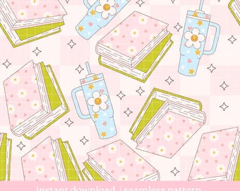 Bookish Girlie Seamless Pattern, Cafe Coffee Pattern, Digital Download, Seamless Pattern, Repeat Pattern