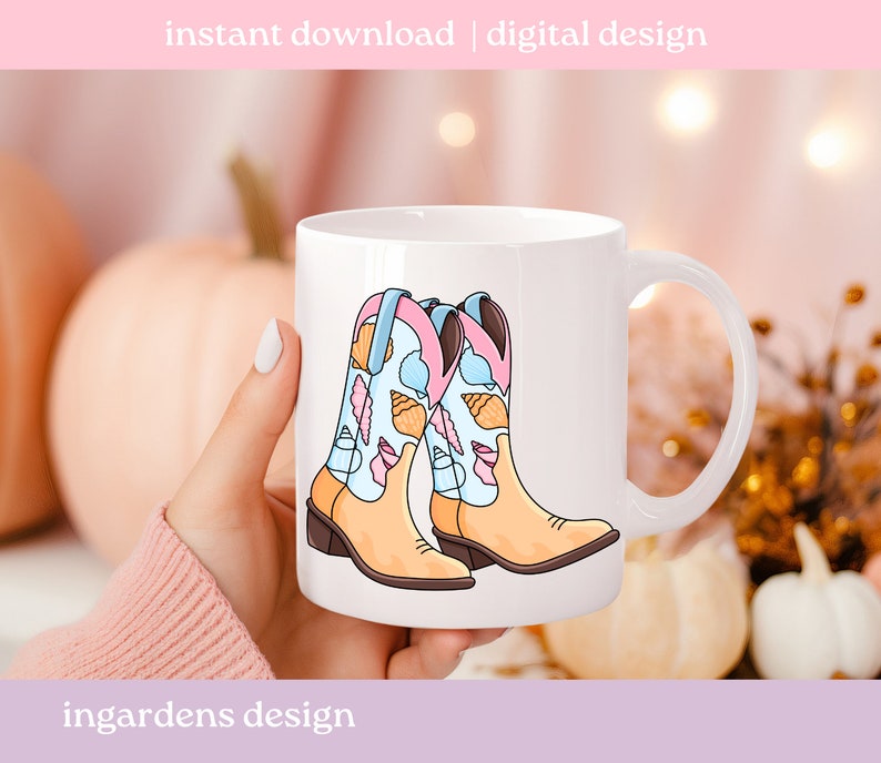 May include: White ceramic mug featuring a colorful illustration of cowboy boots decorated with ice cream cones and seashells. The mug has a curved handle and the text "instant download | digital design".