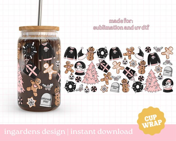 Christmas Spirit Cup Wrap PNG, 16oz Glass Can Wrap, Creepy Christmas Cup Wrap PNG, Glass Cup, Libby glass can wrap