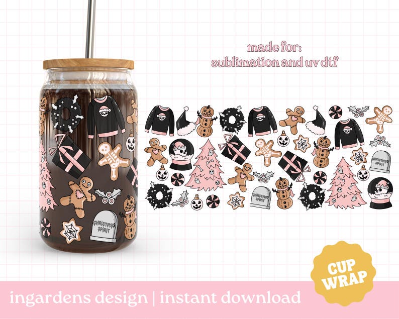 Wrap kerstgeest beker png, verpakking glas 16 oz, wrap griezelige kerstbeker png, glazen beker, verpakking Libby-glas afbeelding 1