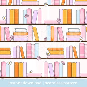 Può includere: Un motivo continuo con scaffali orizzontali pieni di libri nelle tonalità del rosa, arancione, blu e viola. L'illustrazione presenta pile di libri e volumi singoli decorati con piccoli fiori bianchi su uno sfondo chiaro.
