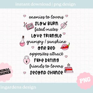 Tropos románticos PNG, romance literario PNG, descarga digital de arte para camisetas, calcomanías, tazas, bolsas de mano y más