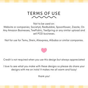 a text box with a pink heart symbol, and it contains a list of terms of use for a design service.