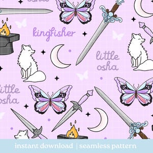 May include: Seamless pattern featuring cartoon illustrations of swords, butterflies, crescent moons, foxes, and anvils with flames. The design includes the text "kingfisher" and "little osha" on a light purple grid background.