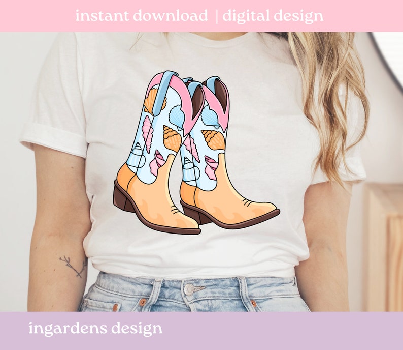 May include: A pair of cartoon cowboy boots with a light tan base and brown heels. The boot shafts are light blue and decorated with seashells in pink, tan, and white. The text "instant download | digital design" is at the top. The text "ingardens design" is at the bottom.