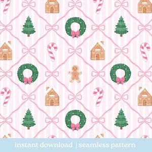 Peut inclure: Motif de Noël sans couture avec des maisons en pain d'épices, des arbres, des couronnes, des cannes en bonbon et des bonhommes en pain d'épices. Le motif est sur un fond à rayures roses avec des nœuds roses. Le texte "instant download | seamless pattern" est en bas.
