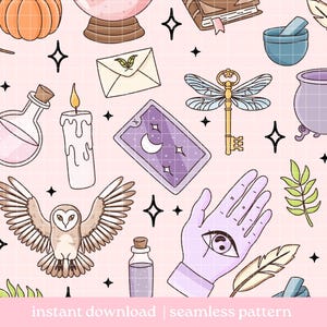 May include: A seamless pattern featuring a variety of whimsical illustrations related to witchcraft and magic. The pattern includes a crystal ball, a book, a cauldron, a candle, a potion bottle, a tarot card, a feather, a key, a hand with an eye, an owl, and stars. The background is a light pink color.