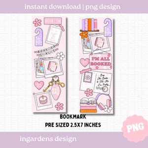 May include: Two pink bookmarks with various illustrations, including books, flowers, hearts, and the text "I'M ALL BOOKED." The bookmarks are pre-sized at 2.5x7 inches. The design includes the text "BOOKISH" and "Buy Me Books & Tell Me I'm Pretty."
