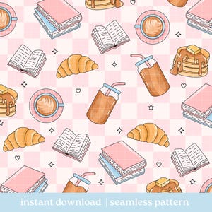 Könnte beinhalten: Nahtloses Muster mit Illustrationen von Büchern, Kaffeetassen, Croissants, Pfannkuchen und Eiskaffee. Das Design enthält Herzen und Sterne auf einem rosa-weiß karierten Hintergrund. Der Text "instant download | seamless pattern" befindet sich unten.