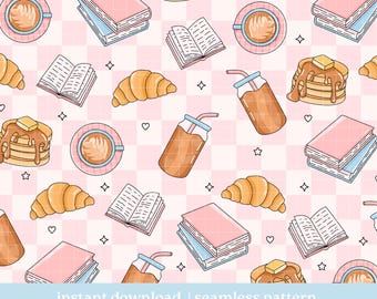 Books And Brunch Seamless Pattern PNG, Seamless pattern, Digital Download, Repeat Pattern