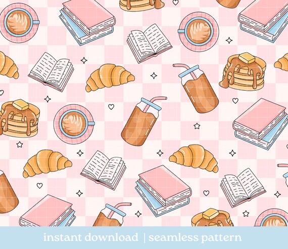 Books And Brunch Seamless Pattern PNG, Seamless pattern, Digital Download, Repeat Pattern