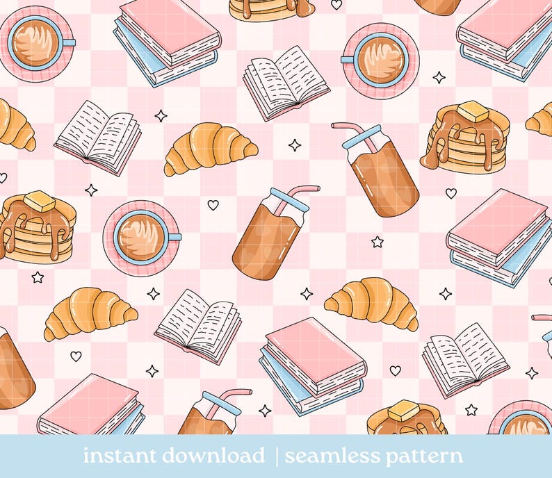 May include: Seamless pattern featuring illustrations of books, coffee cups, croissants, pancakes with butter, and iced drinks with straws. The design includes hearts, stars, and a pink and white checkered background. The text "instant download | seamless pattern" is at the bottom.