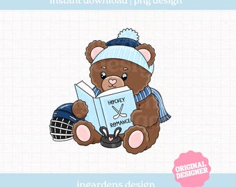 Ice Hockey Romance Bookish Bear PNG, Book Bookish Design, Digital Download
