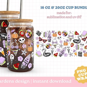 May include: Two glass cups with wooden lids, adorned with summer-themed illustrations, including skulls, pumpkins, and swimwear. The cups are part of a bundle, as indicated by the text "16 OZ & 20OZ CUP BUNDLE". The design is intended for sublimation and UV DTF printing.