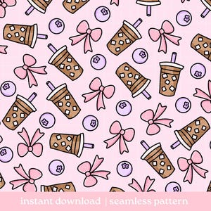 Kaffee Kokette Musterdesign, Bogen Blaubeere Eiskaffee Nahtlose Muster, digitaler Download, Rapportmuster