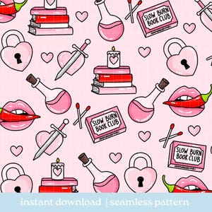 Romance Bookish Seamless Pattern PNG, Bookish Seamless Pattern, Digital Download, Repeat Pattern